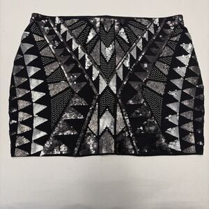 Express Sequin Mini Skirt Black Silver Geometric Aztec Pattern Size S NWT
